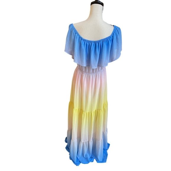 Lillys Kloset Chiffon Multi Blue Yellow Hombre Flowy Beach Maxi Dress Size L - Picture 5 of 6